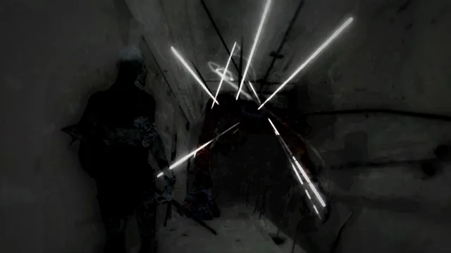 0_abyssalSomewhere screenshot: the wanderer faces a shadowy shape in a tunnel as streaks of white light burst around it