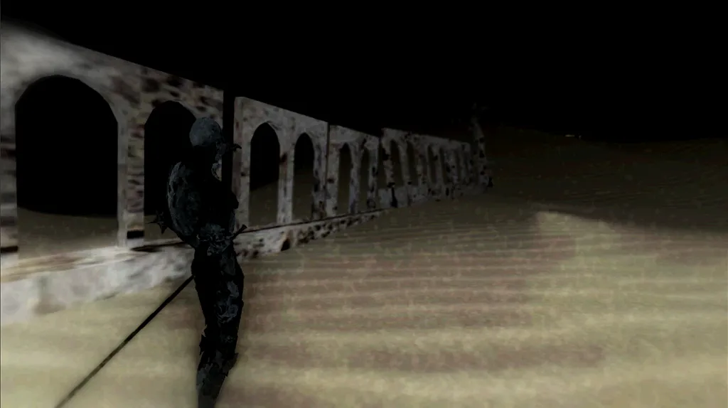 0_abyssalSomewhere screenshot: a dark figure walks past a long row of stone arches over pale sand