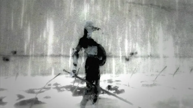 0_abyssalSomewhere screenshot: a beaked figure with a long pole stands in pale, washed-out rain