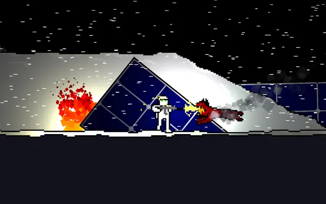 10-103: NULL KELVIN screenshot: the white-suited agent fires at a red creature leaping out of the snow beside a crashed glass panel