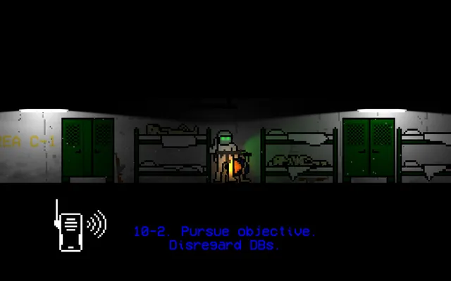 10-103: NULL KELVIN screenshot: a dim bunk room with lockers and the radio order 10-2. Pursue objective. Disregard DBs