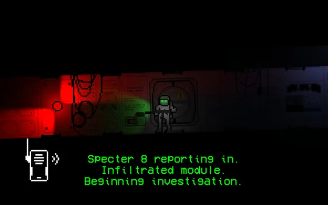 10-103: NULL KELVIN screenshot: the agent in a dark red-lit module corridor with the radio text Specter 8 reporting in. Infiltrated module. Beginning investigation