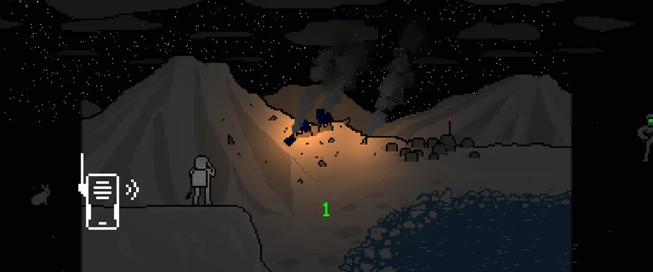 10-103: NULL KELVIN art: an agent stands on a snowy cliff at night above the smoking wreck of the crashed module, a radio icon at the side