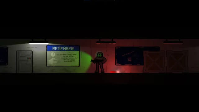 10-103 screenshot: the soldier walking a dim corridor past a blue Remember notice board and crates, a red light on the floor