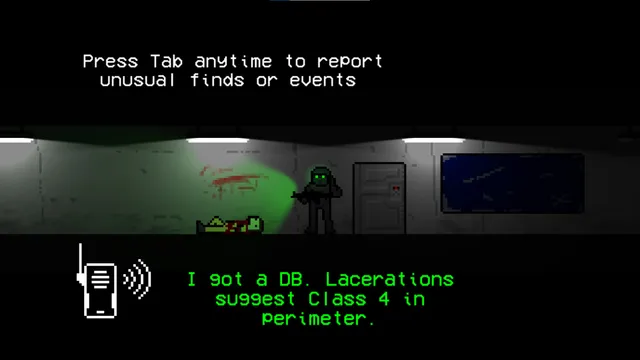 10-103 screenshot: Specter 8 with a green light in a dark facility corridor beside a body and blood, with the radio report I got a DB. Lacerations suggest Class 4 in perimeter