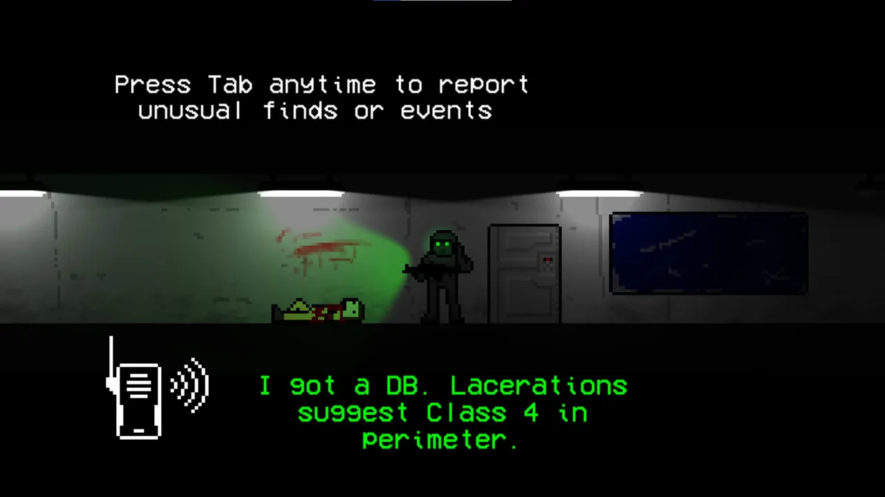 10-103 screenshot: Specter 8 with a green light in a dark facility corridor beside a body and blood, with the radio report I got a DB. Lacerations suggest Class 4 in perimeter