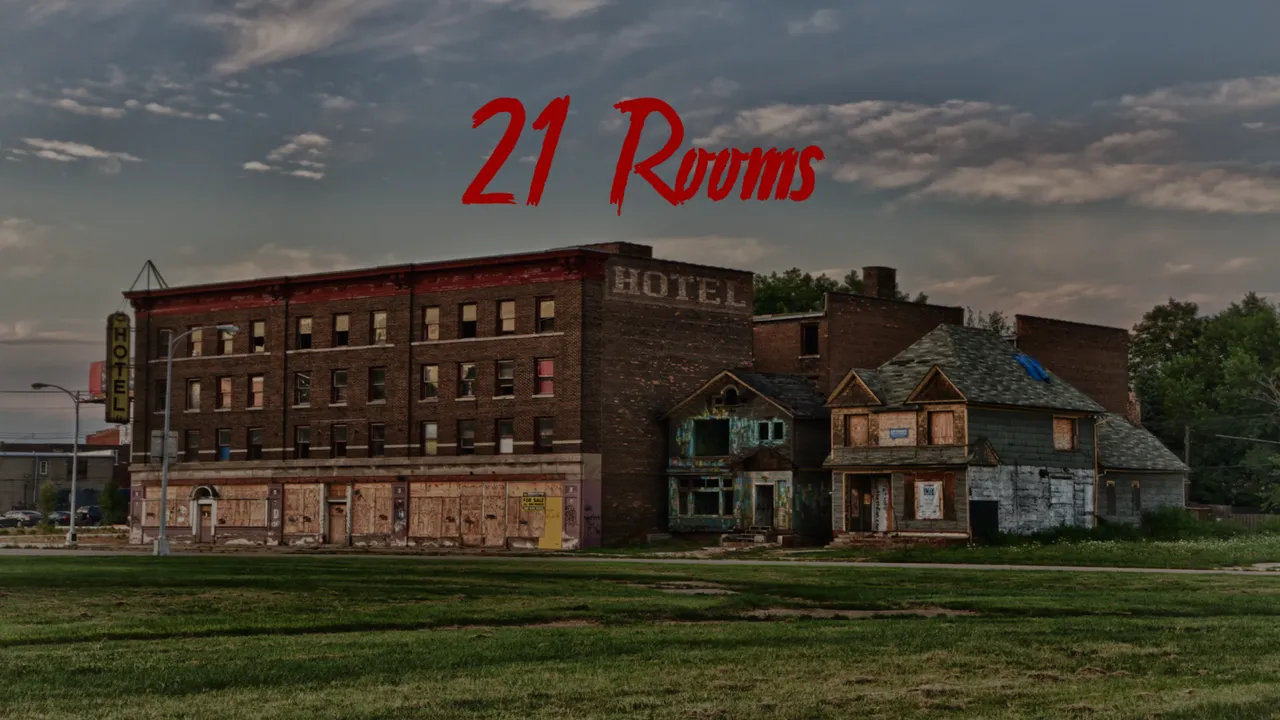 21 Rooms title art: a boarded-up brick hotel and derelict houses under a grey sky, with the title in red brush letters