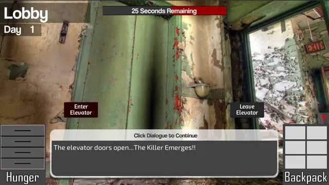 21 Rooms screenshot: a peeling green elevator in the hotel lobby, a red 25-second countdown and the text The elevator doors open, the killer emerges