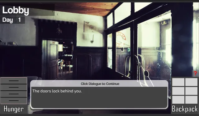21 Rooms screenshot: the hotel lobby on day 1 with the hunger meter and an empty backpack, and the text The doors lock behind you