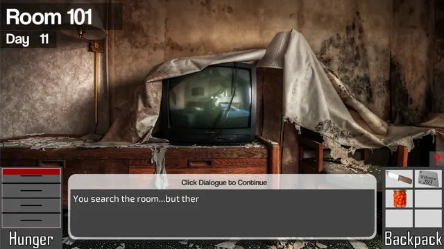 21 Rooms screenshot: Room 101 on day 11, an old television under a torn sheet in a mouldy room, with a knife and a jar of food in the backpack