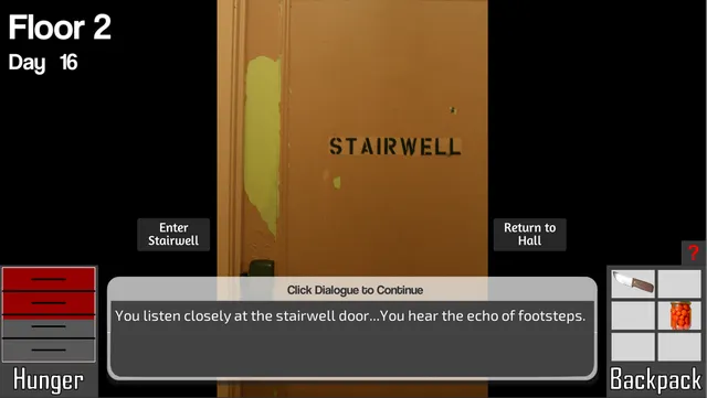 21 Rooms screenshot: a stairwell door on floor 2 and the text You listen closely at the stairwell door, you hear the echo of footsteps