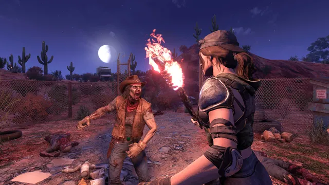 7 Days to Die screenshot: a survivor raises a burning torch at a zombie in a cowboy hat in the desert at night