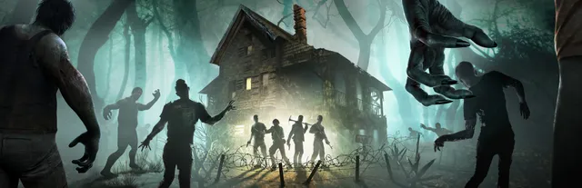 7 Days to Die key art: survivors with tools stand outside a lit farmhouse while silhouetted zombies close in through a misty forest