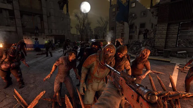 7 Days to Die screenshot: a crowd of glowing-eyed zombies pushes past wooden spikes toward the player's rifle under a full moon