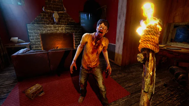 7 Days to Die screenshot: a bloodied zombie stands in a red-lit living room beside a burning torch