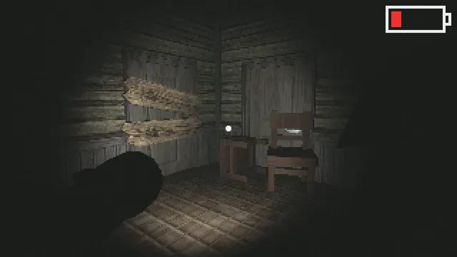 78 Hour Rain screenshot: torchlight on a boarded-up door, a chair and a table in a wooden room