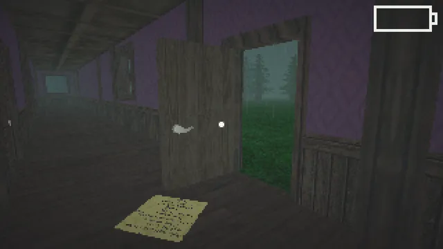 78 Hour Rain screenshot: a low-poly hallway with an open door onto a foggy forest and a handwritten note on the floor