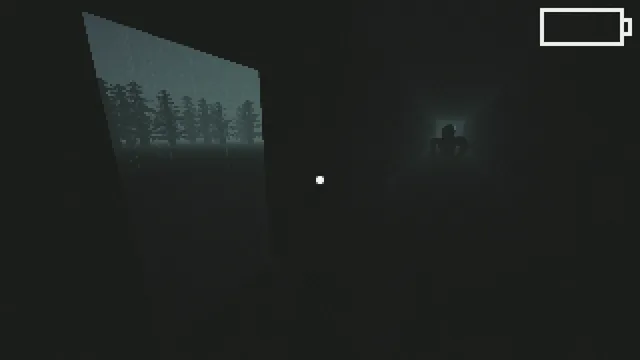 78 Hour Rain screenshot: a faint, glowing figure stands in the dark beside a doorway to the rainy woods