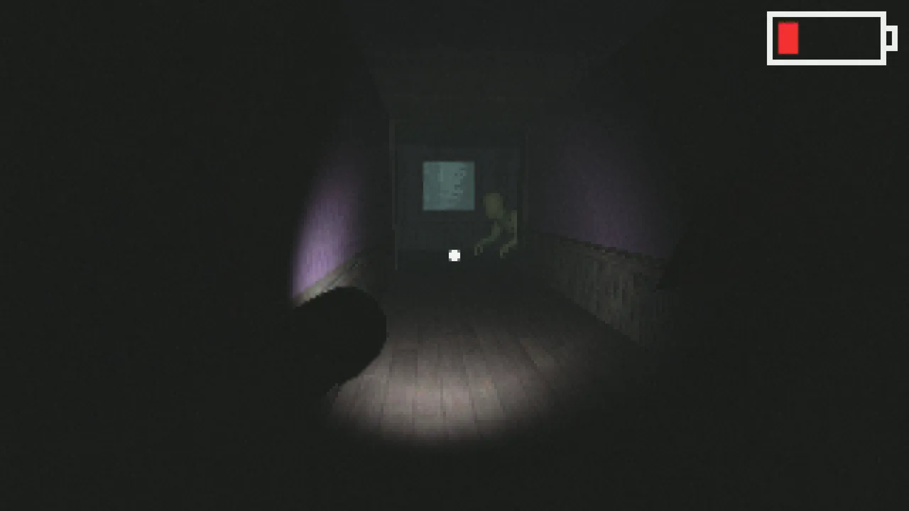78 Hour Rain screenshot: a flashlight beam down a dark hallway catches a pale, faceless figure crouching by the far window, the battery nearly empty
