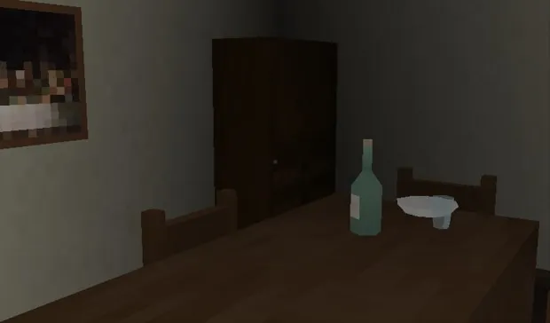 A dim dining room with a bottle and a bowl on the table and a dark wardrobe behind