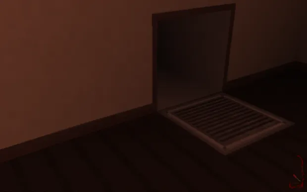 A red-lit room with a door and a floor vent in the corner