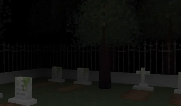 A graveyard at night with pixelated headstones and a cross behind iron railings
