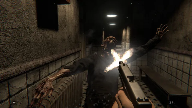 7th Floor screenshot: first-person view firing a pistol at a rotting creature that lunges down a tiled hospital corridor