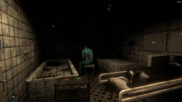 7th Floor screenshot: a man in blood-stained scrubs sits slumped on a stool in a dark tiled morgue beside a body bag on a gurney