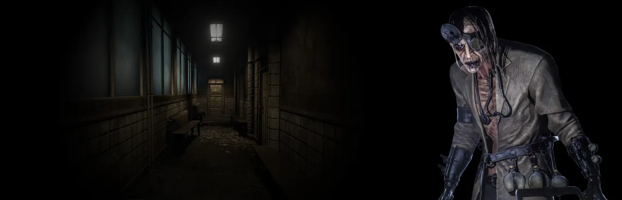 7th Floor key art: a dark, littered hospital corridor beside the Doctor, a gaunt grey-skinned surgeon with a head mirror, an eyepatch and long hair