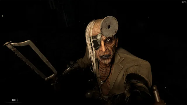 7th Floor screenshot: the Doctor leans in close out of the dark, one eye staring, a bone saw raised in his hand
