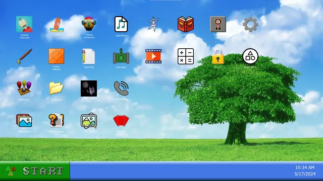 The 98xx desktop: program icons over a green hill with a single tree, and a START taskbar