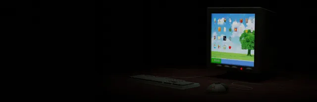 98xx key art: an old CRT computer showing the 98xx desktop, alone on a desk in a dark room