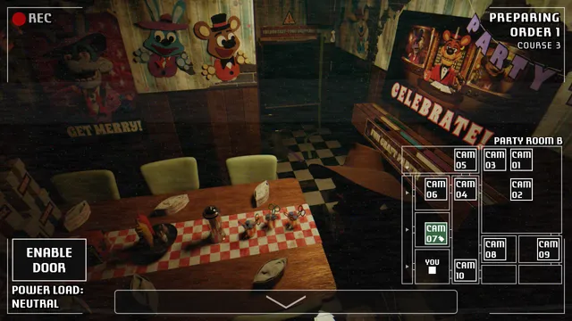 A Bite at Freddy's screenshot: a party room on camera with an Enable Door button and the power load meter