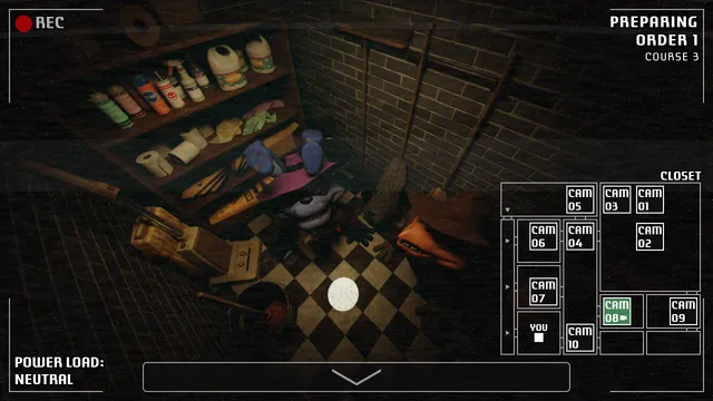A Bite at Freddy's screenshot: a dark closet with shelves of supplies seen on a security camera