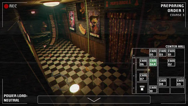 A Bite at Freddy's screenshot: a security camera view of a checkered center hall with the camera map in the corner