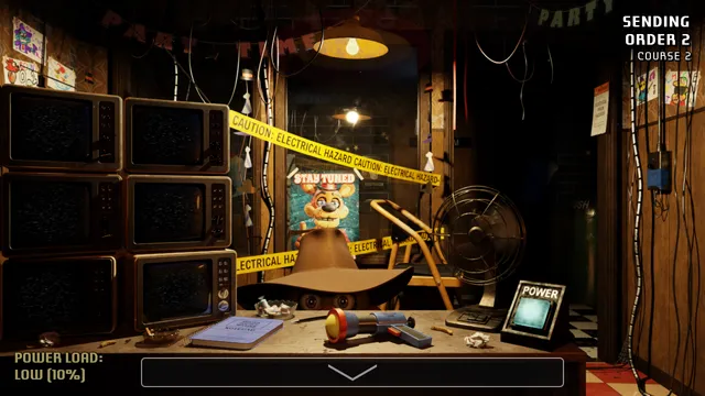 A Bite at Freddy's screenshot: a cluttered back room with stacked televisions, a flashlight and electrical hazard tape