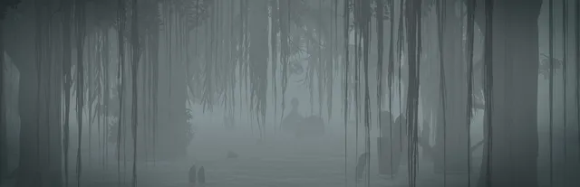 A grey, misty swamp with hanging moss and dark tree trunks