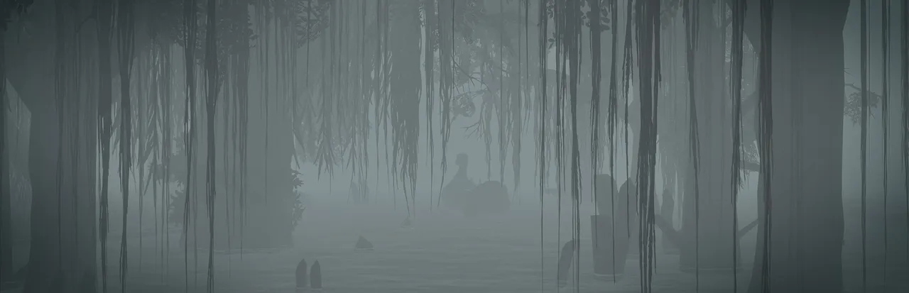A grey, misty swamp with hanging moss and dark tree trunks