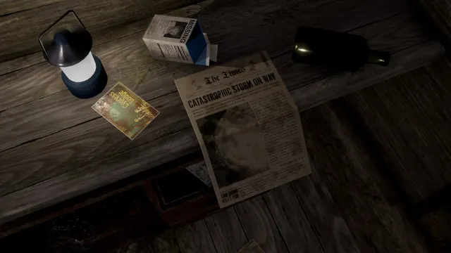 A lantern, a missing-person milk carton and a newspaper warning of a storm on a wooden table