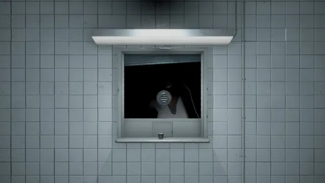 A tiled institute wall with a hatch window and a dim figure behind the glass