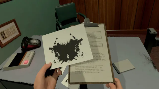 VR hands hold an inkblot card and a clipboard report at a desk with a rotary phone