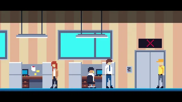 A Day in the Office screenshot: the bright office floor with coworkers at their cubicles and a technician by the broken elevator