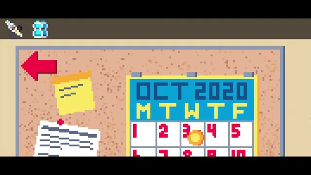 A Day in the Office screenshot: a cork board with an October 2020 calendar and pinned notes