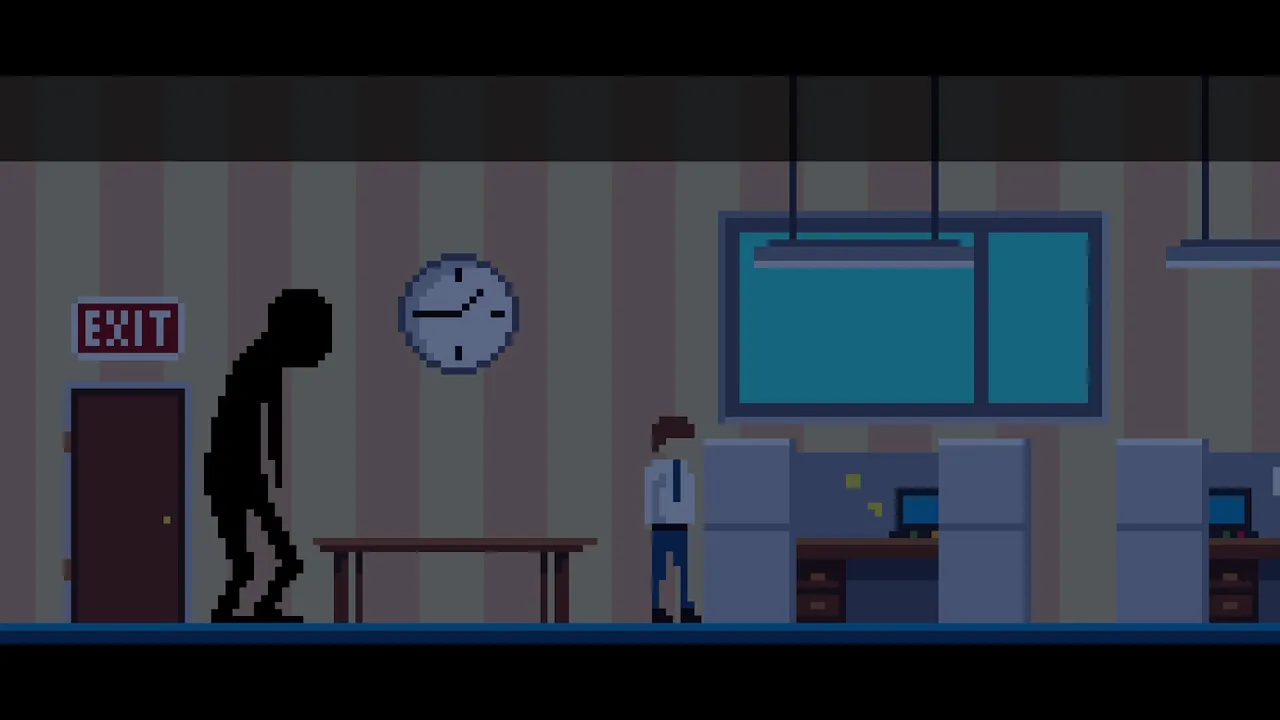 A Day in the Office screenshot: a tall black shadow figure by the exit of a dim office floor, with an office worker at the cubicles