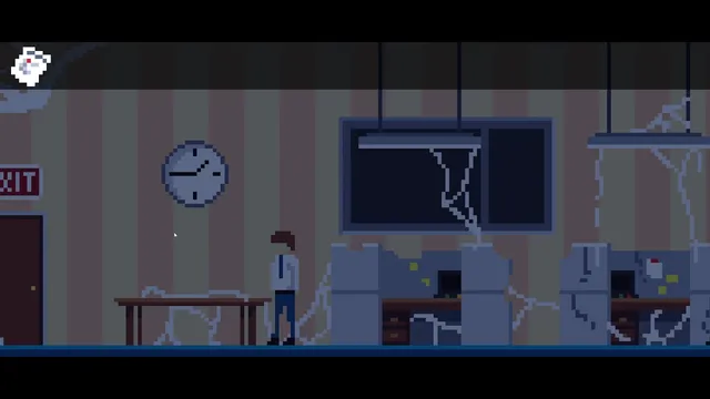 A Day in the Office screenshot: the office worker alone on a dark floor with cracked windows and pale webs over the desks