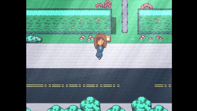 A House for Alesa screenshot: Alesa walking along a pixel-art street between green hedges