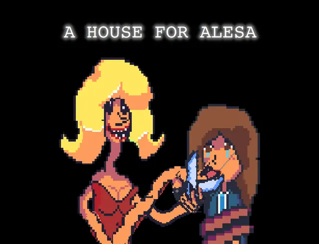 A House for Alesa cover: a grinning blonde woman in a red dress holding a knife to the hand of a frightened brown-haired woman, under the title