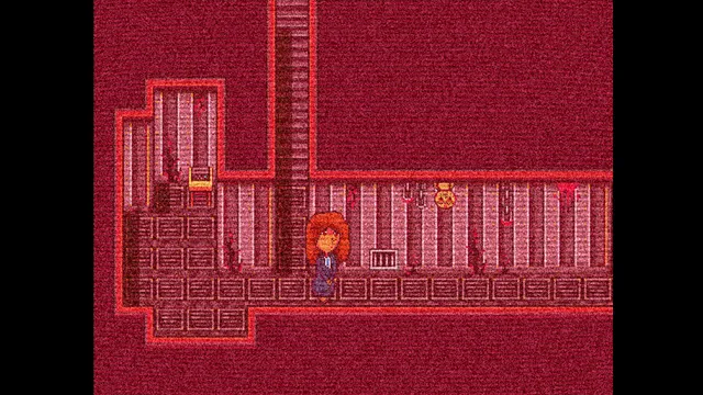 A House for Alesa screenshot: Alesa in a blood-red hallway of the house with stains on the walls