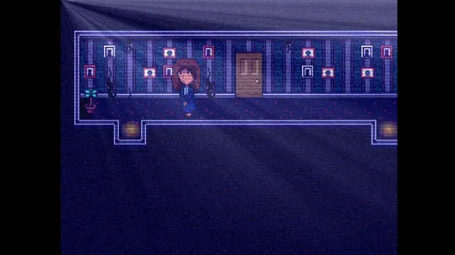 A House for Alesa screenshot: Alesa in a dim blue hallway lined with portraits, beside a wooden door