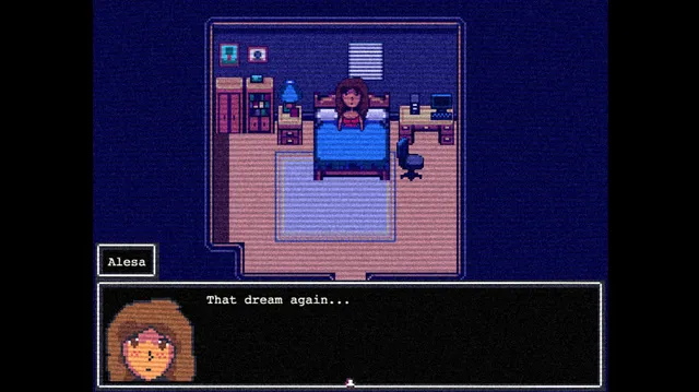 A House for Alesa screenshot: Alesa in bed in her blue room, saying That dream again...